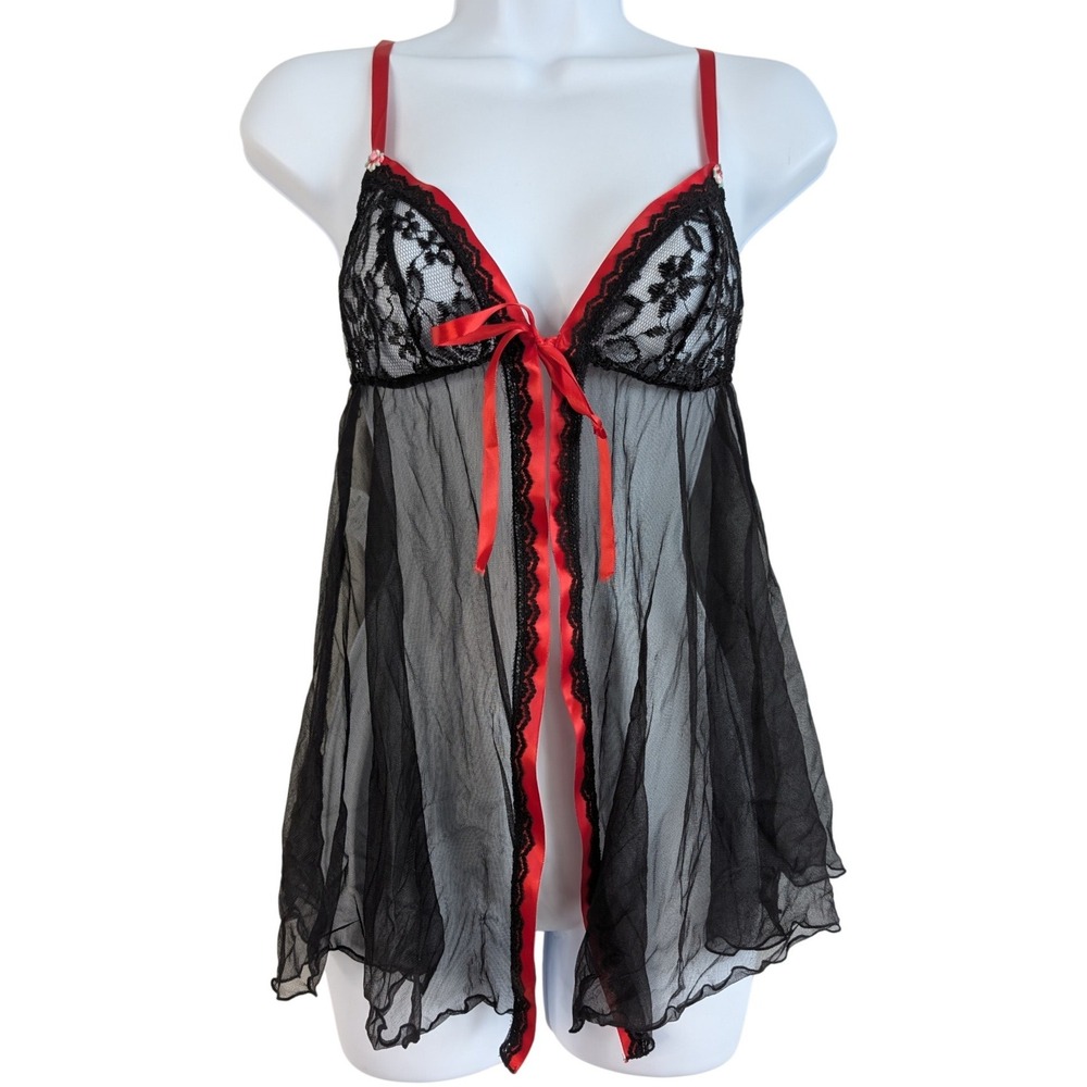 Vintage DBF Black Red Lace Mesh Tie Front Adjustable‎ Coquette Slip Lingerie